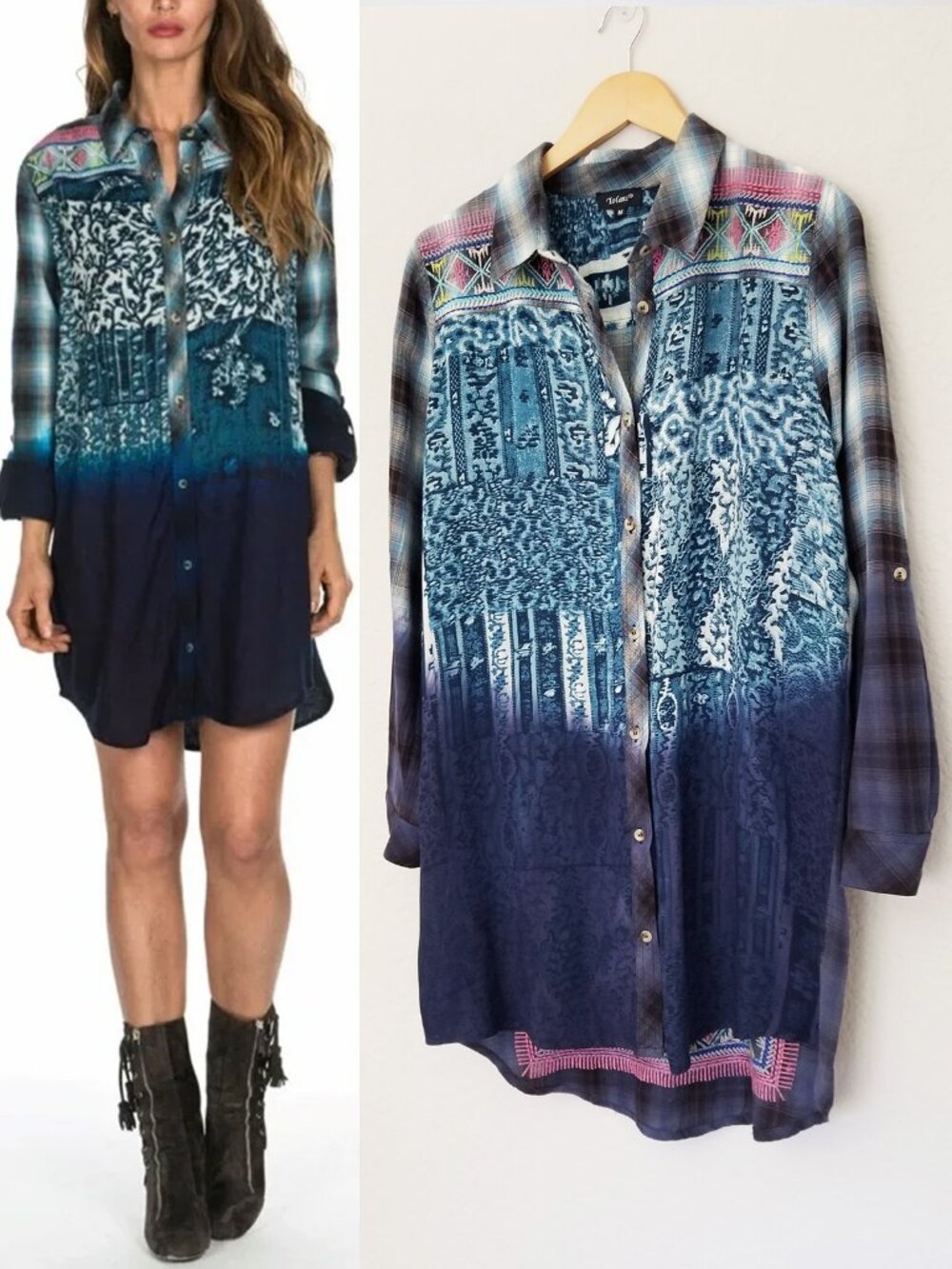 Tolani Collection Tina Turquoise Plaid Tunic Shirt Dress Embroidered Patchwork M